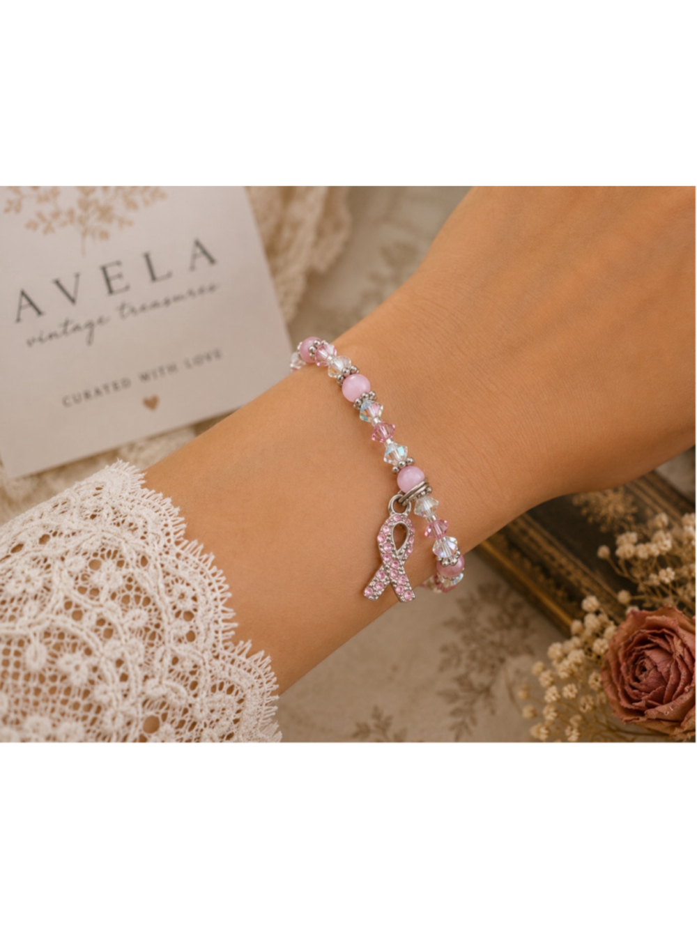 925 Sterling Silver Pink Ribbon Crystal Bracelet Breast Cancer Awareness